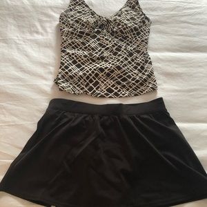 Janzten bathing suit with a flared bottom, brown & white